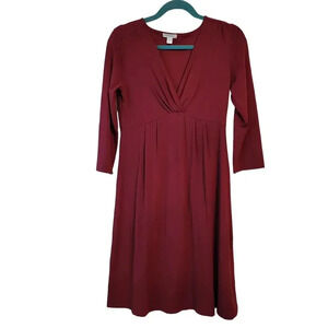 Garnet Hill Women's A-Line Dress Size XS Burgundy Cotton 3/4 Sleeves V-Neck